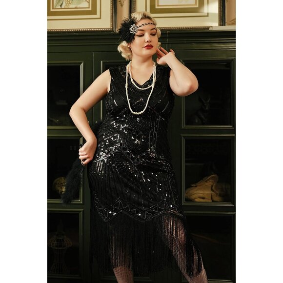 Women's Plus Size Flapper Dresses 1920s V Neck Beaded Fringed Great Gatsby Dress - Picture 3 of 5